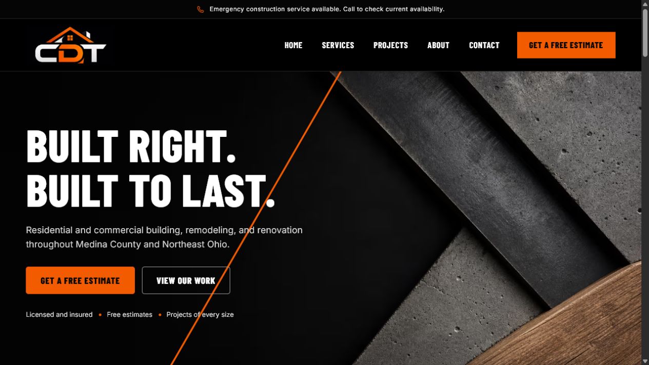 CDT Construction Services desktop website screenshot